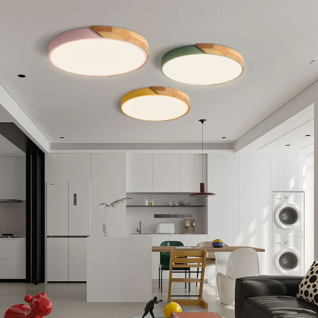 Delos Deckenleuchte Holz Gesamtansicht von unten skandinavische LED Deckenlampe