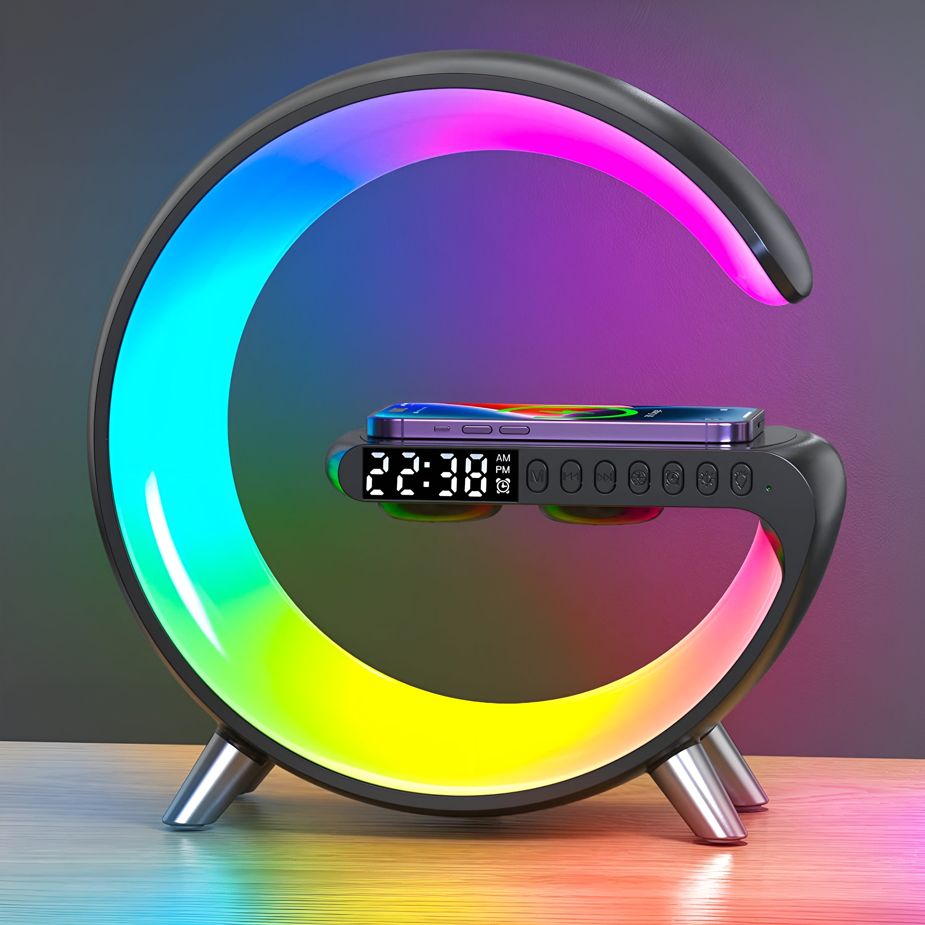 3-in-1 Nachttisch Digitalwecker Bluetooth Lautsprecher Rückansicht dimmbar kabelloses Laden